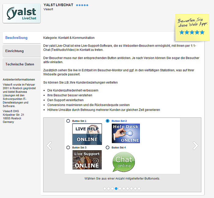 Screenshot des yalst Live Chats im App-Katalog von 1&1-MyWebsite