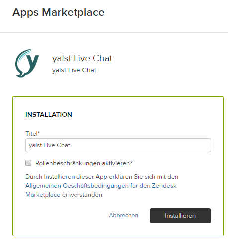 Die yalst Live Chat App für Zendesk installieren